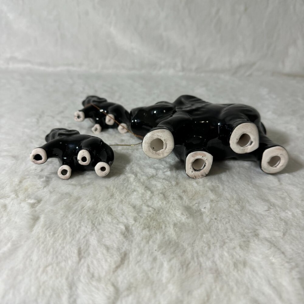 Vintage Elephant Figurine Black Ceramic Mother & Babies Trunks Up Glossy MCM - Picture 7 of 7